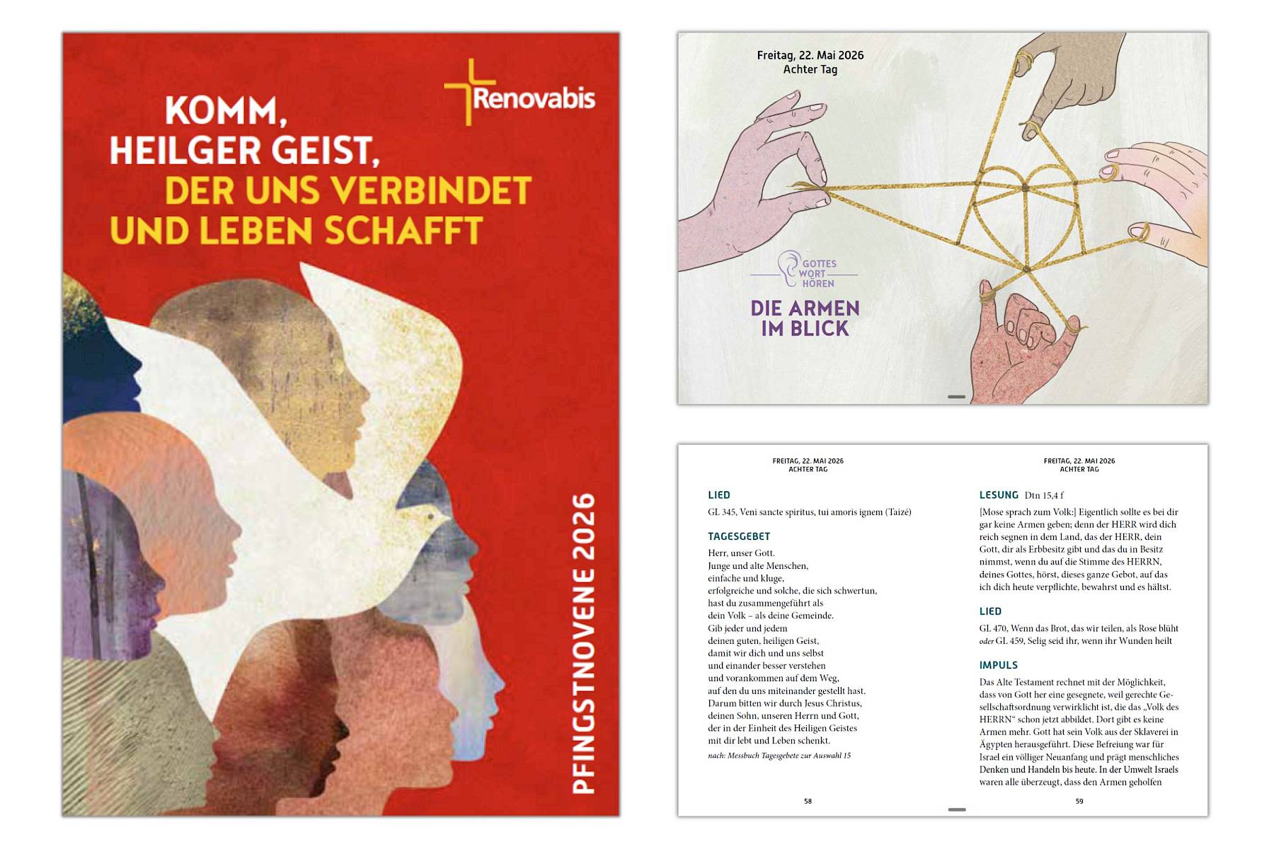 Das Bild zeigt mehrere Elemente der Renovabis-Pfingstnovene 2025, thematisch gestaltet unter dem Motto „VOLL DER WÜRDE“. Im Vordergrund hält eine Hand ein kleines rotes Heft mit einer stilisierten weißen Taube in die Kamera. Darauf steht in großen Buchstaben „Pfingstnovene 2025 – VOLL DER WÜRDE“. Im Hintergrund liegen auf einem hellen Holztisch weitere aufgeschlagene Seiten.